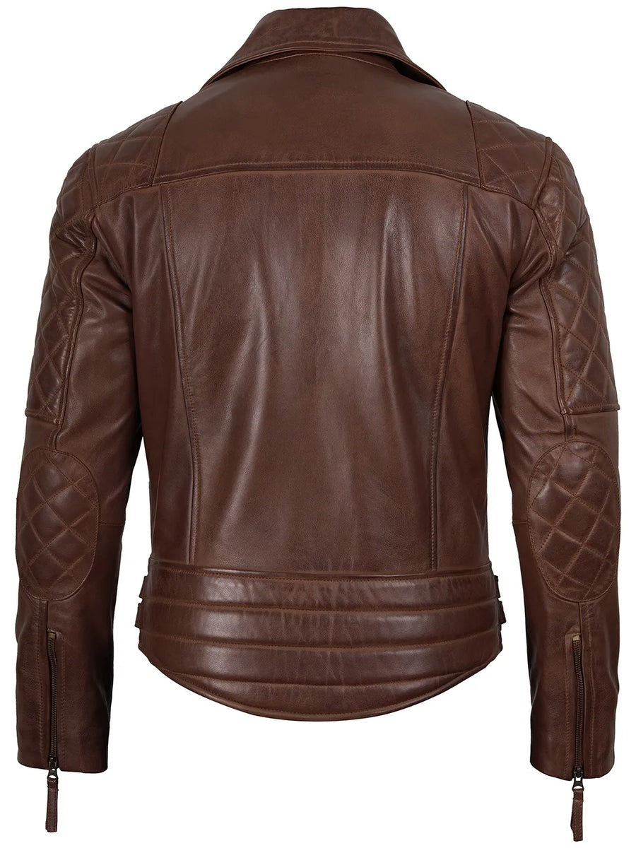 Mens Dark Brown Quilted Asymmetrical Leather Biker Style Jacket