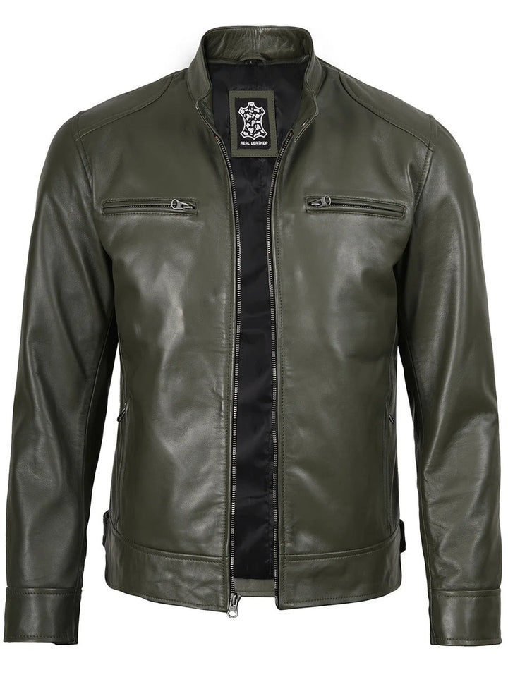 Real Leather Men's Green Cafe Racer Jacket
