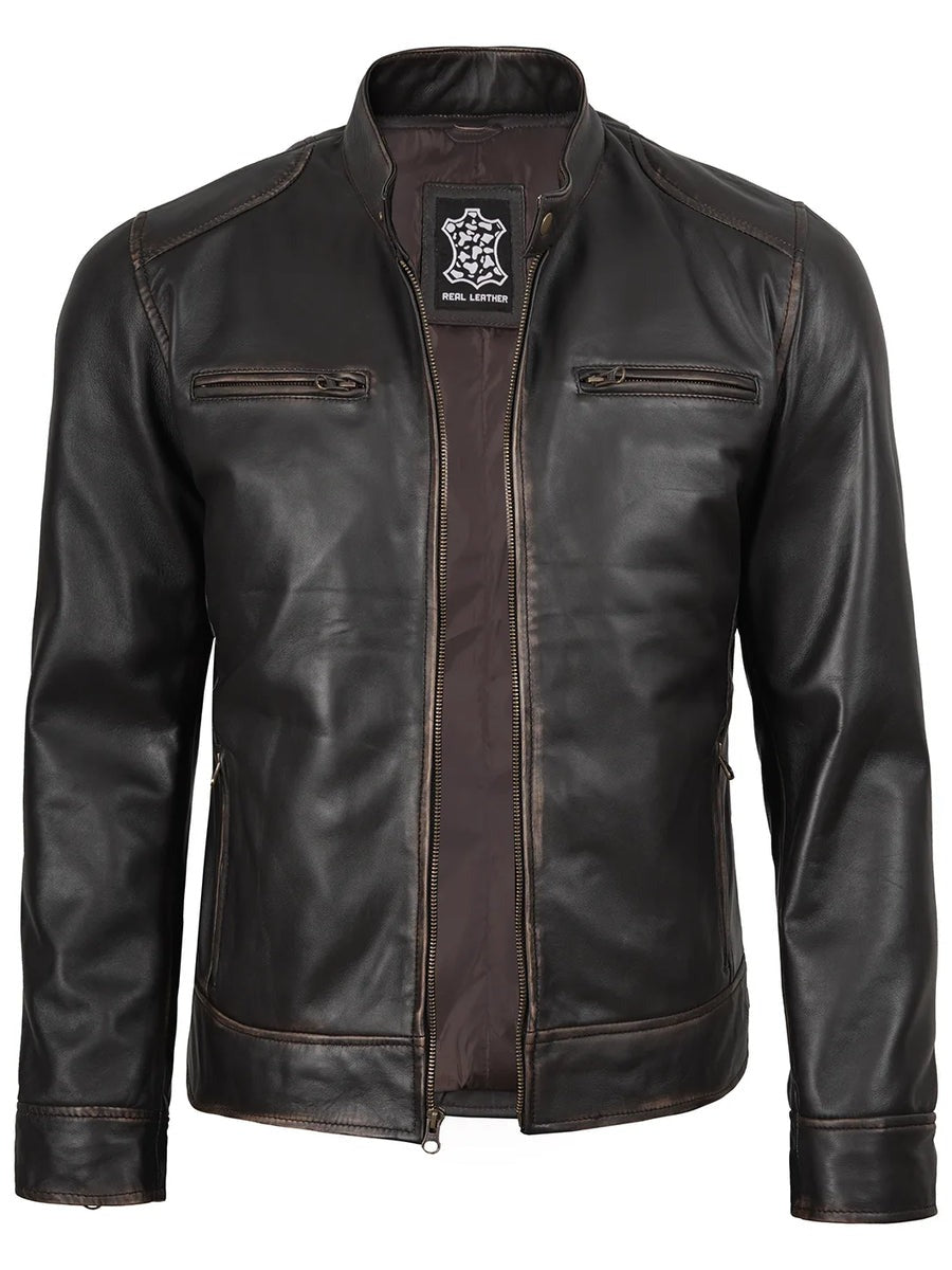 Men's Rub-Off Dark Brown Cafe Racer Style Leather Jacket