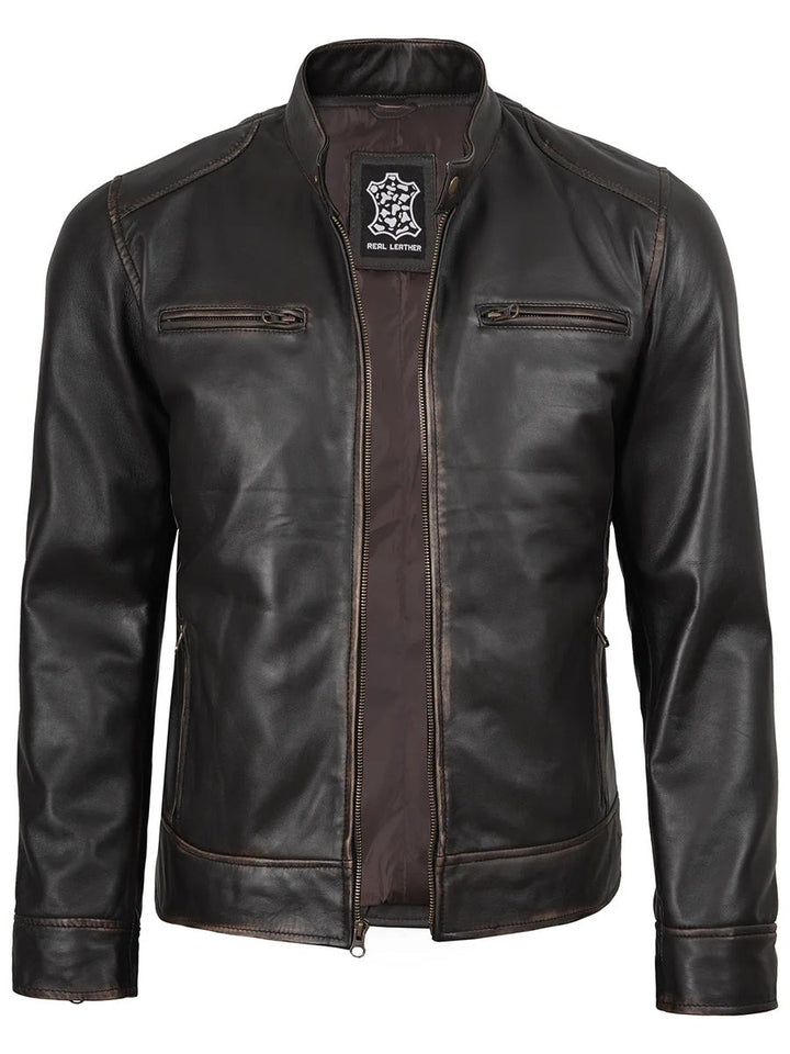 Men's Rub-Off Dark Brown Cafe Racer Style Leather Jacket