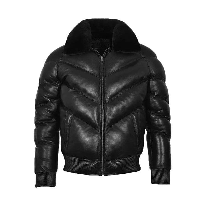 Puffer Padded Fur Bomber Leather Jacket Black