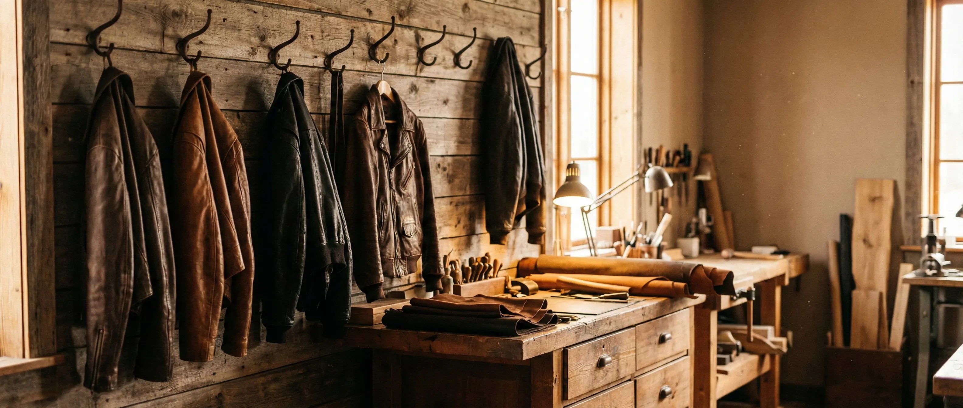 Vintage leather jackets hang in a rustic workshop above a wooden bench holding hides and tools background.