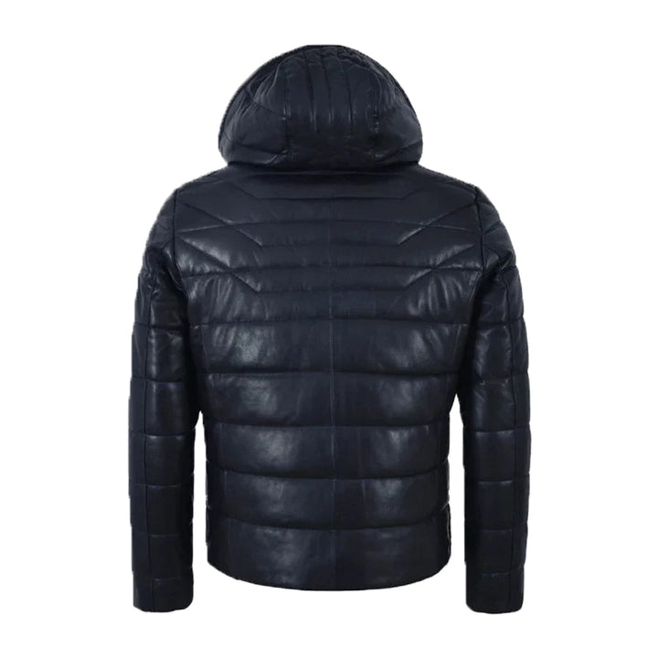 Hooded Leather Puffer Padded Jacket Navy