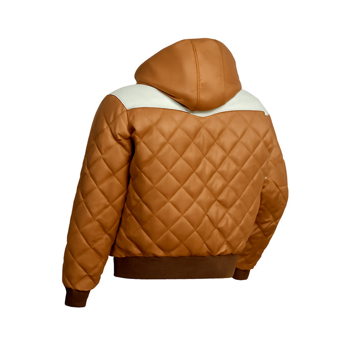 Hooded Bomber Puffer Leather Jacket Brown