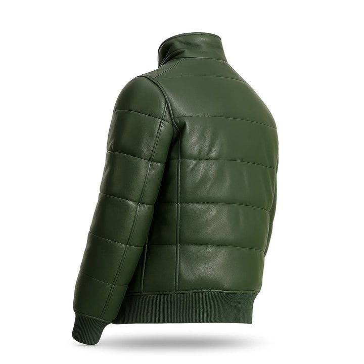 Maven Bomber Puffer Leather Jacket Green