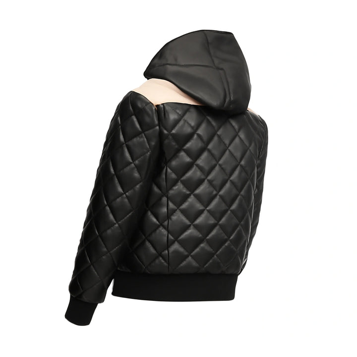 Hooded Bomber Puffer Leather Jacket Black