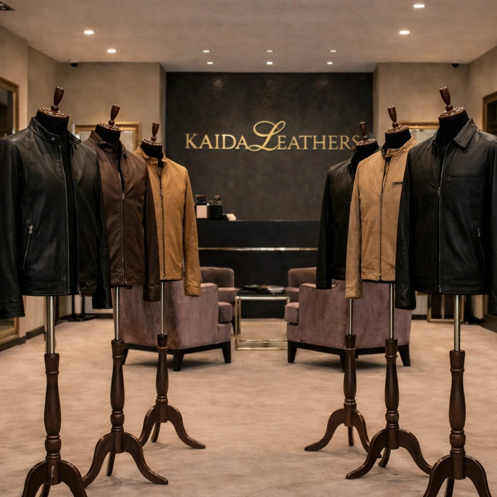 Display of leather jackets on mannequins in a store with 'Kaida Leathers' branding.