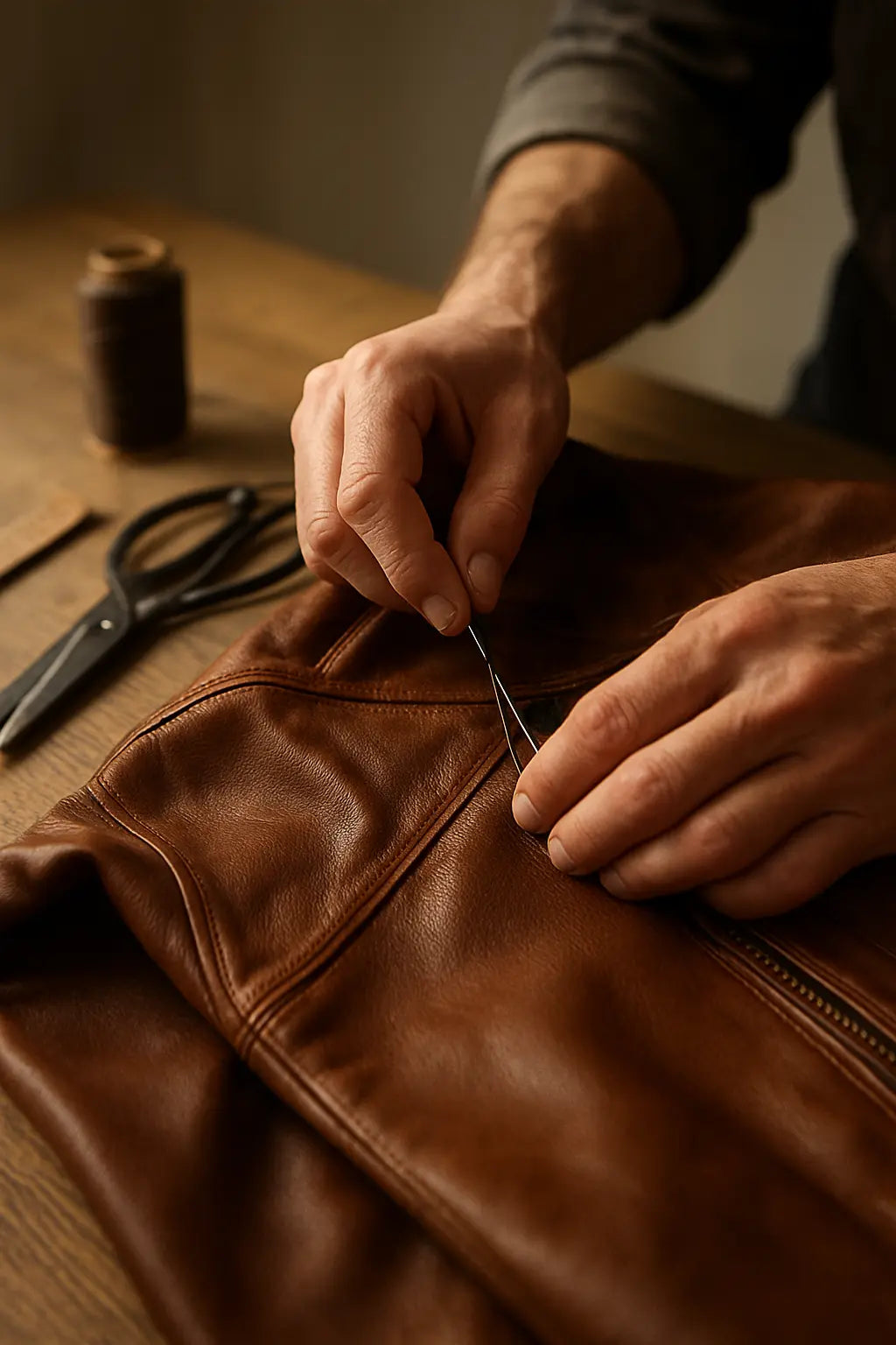 Close-up of a skilled leather craftsman hand-stitching a brown genuine leather jacket