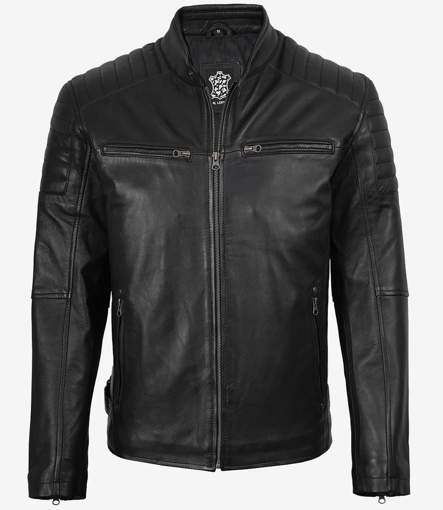 Men’s Real Leather Cafe Racer Jacket with Padded Shoulders