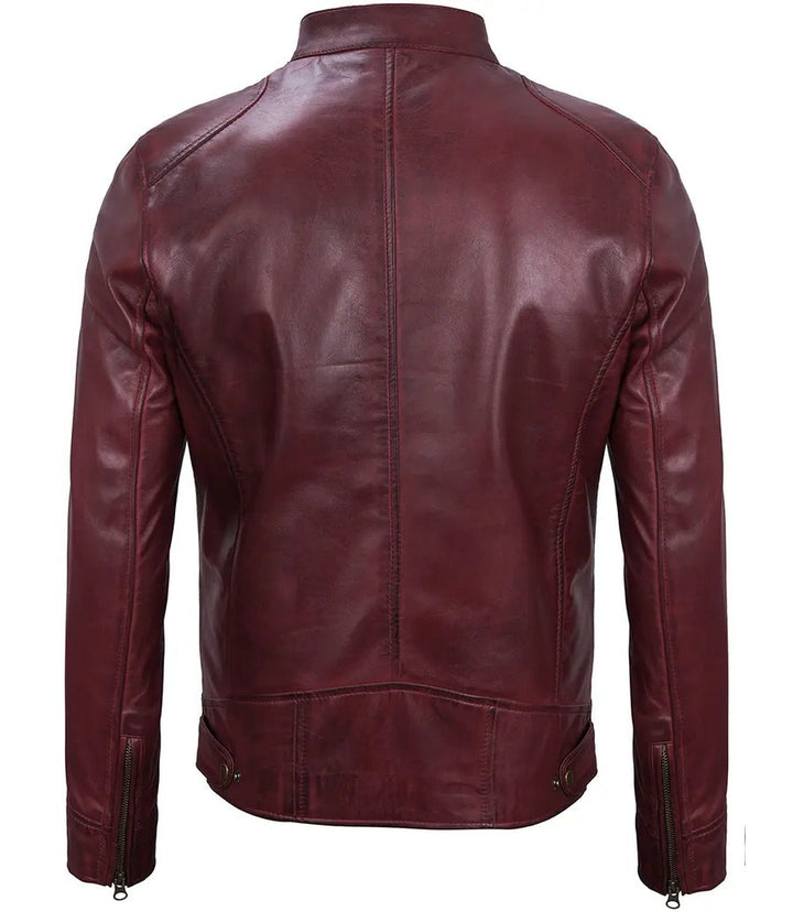 Real Leather Men's Burgundy Cafe Racer Jacket
