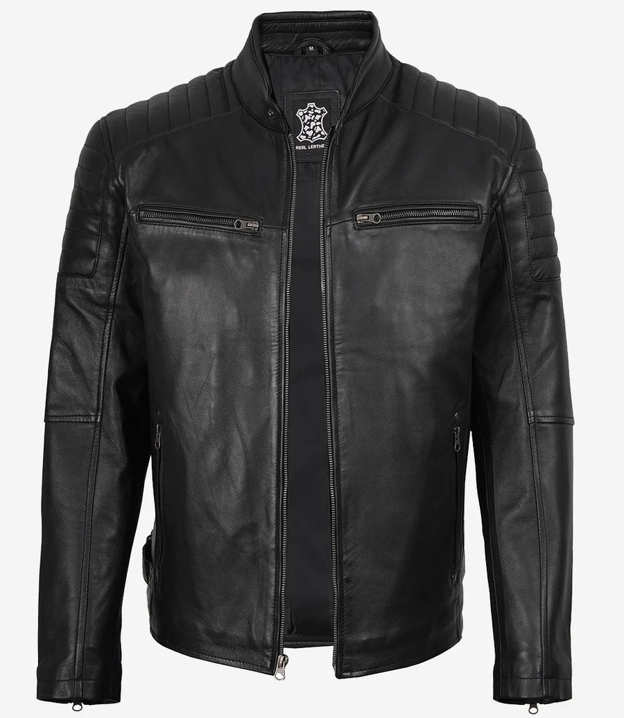 Men’s Real Leather Cafe Racer Jacket with Padded Shoulders