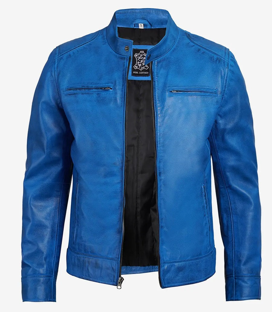 Real Leather Men's Blue Cafe Racer Jacket