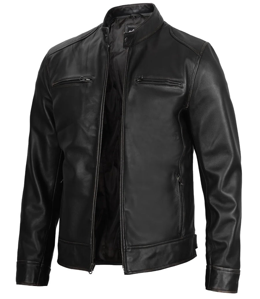 Real Leather Men's Black Cafe Racer Jacket