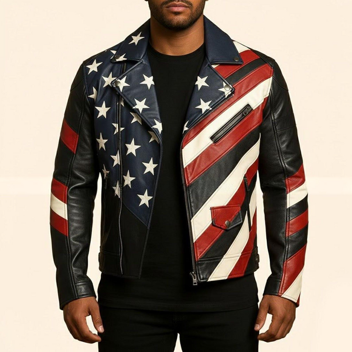 American Flag Genuine Leather Jacket Black Biker USA Jacket with Star And Stripe Panels