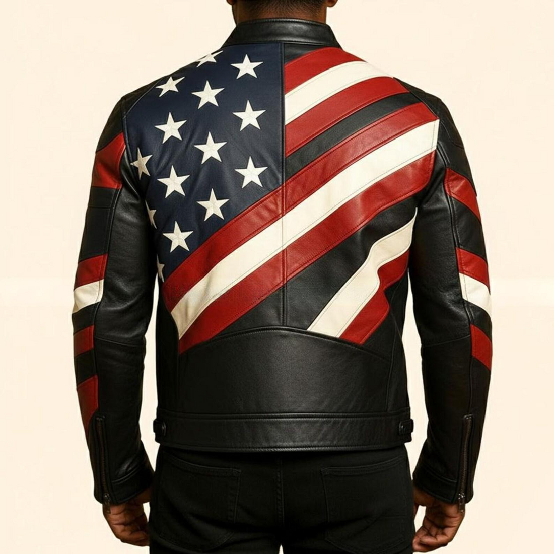 American Flag Genuine Leather Jacket Black Biker USA Jacket with Star And Stripe Panels